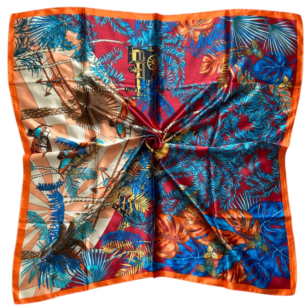 Satin square scarf Blue orange oversized Boho Tropical Palm print neck hair 💖